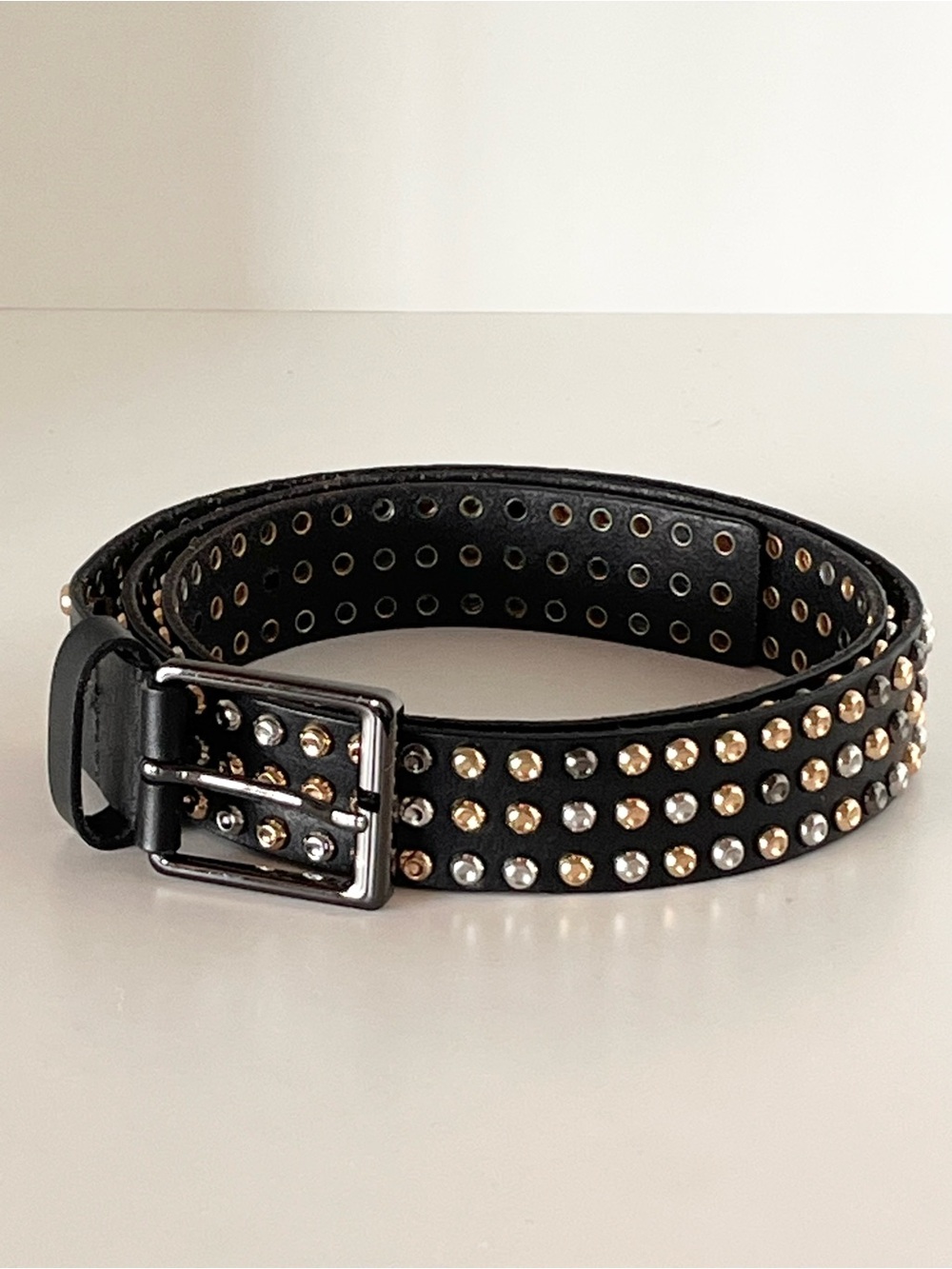 PRISTINE CAbi Studded Leather Belt Black & Sparkle Mixed Metal Studs XL - Picture 2 of 16